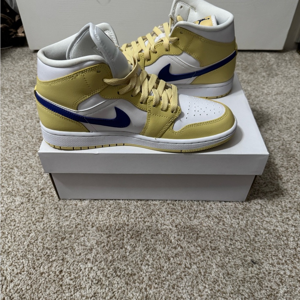 Women’s Air Jordan 1 Mid  White and Yellow with Blue Accents